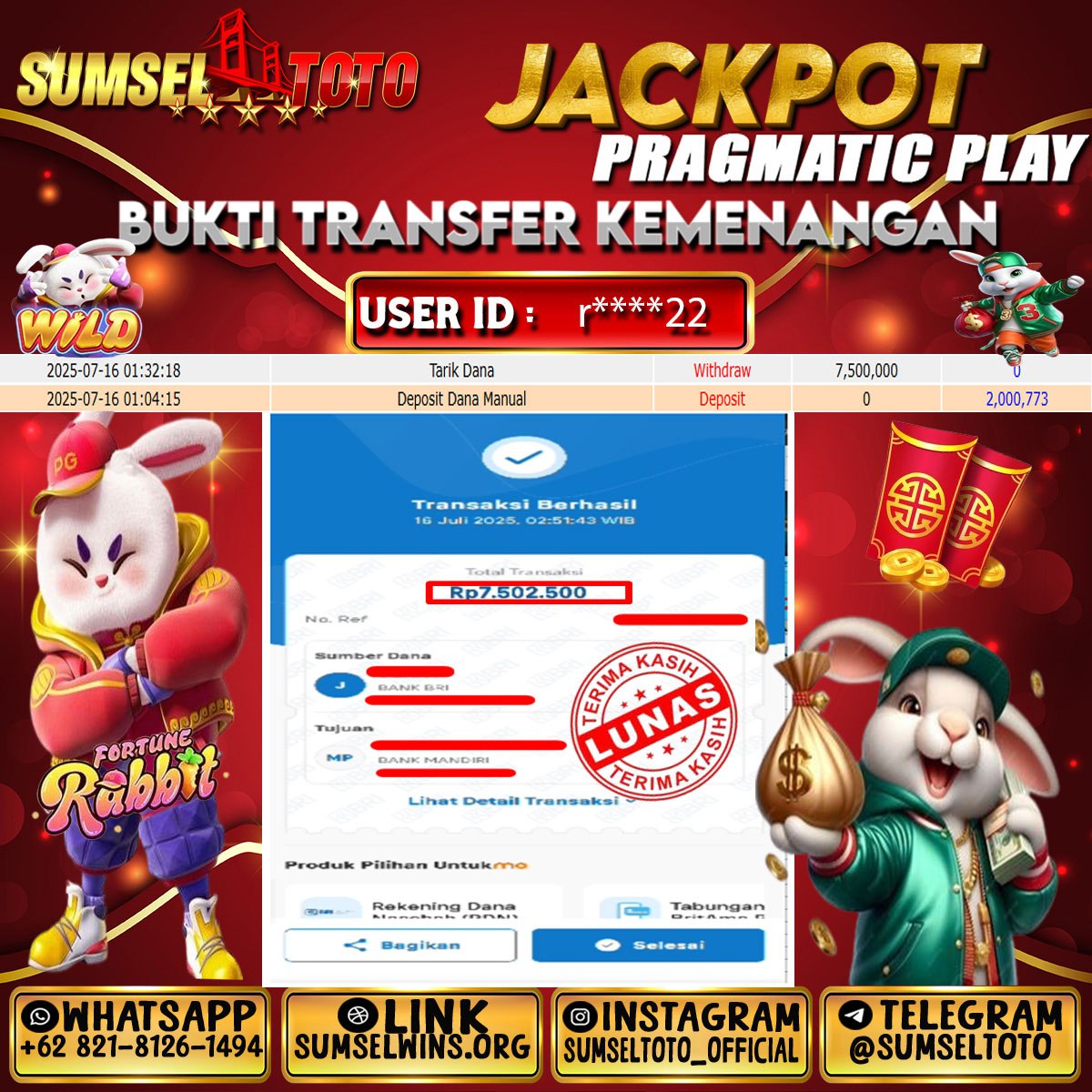 SUMSELTOTO JACKPOT FORTUNE RABBIT Rp.7,000,000.,- LUNAS